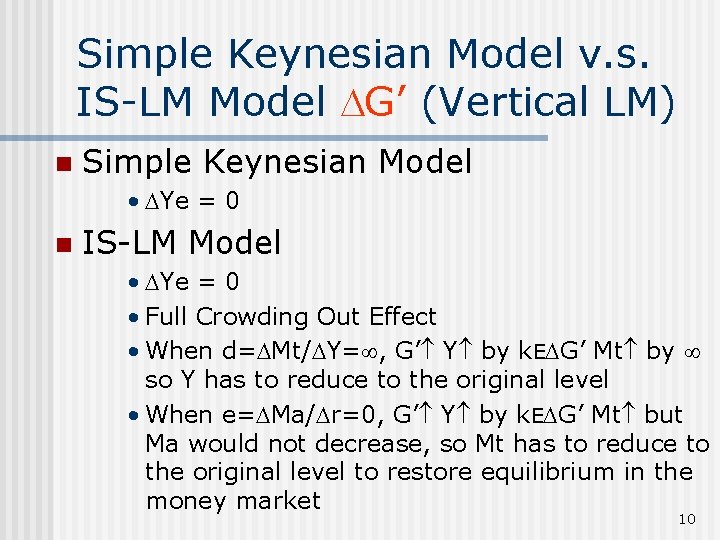 Simple Keynesian Model v. s. IS-LM Model G’ (Vertical LM) n Simple Keynesian Model