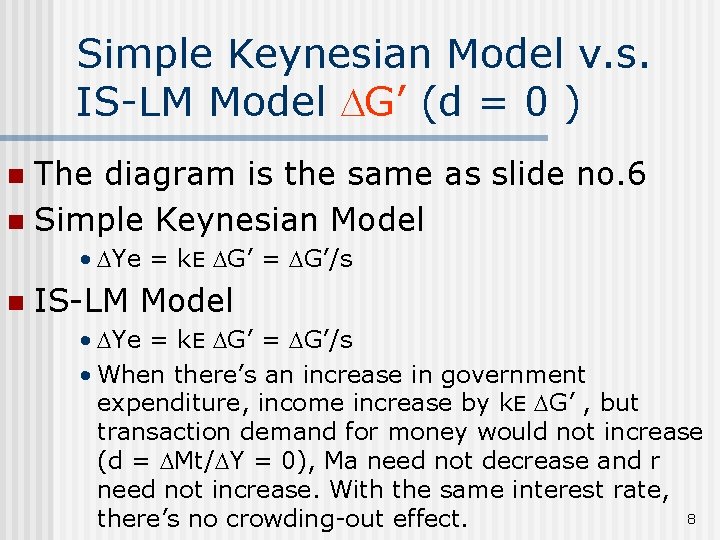 Simple Keynesian Model v. s. IS-LM Model G’ (d = 0 ) The diagram