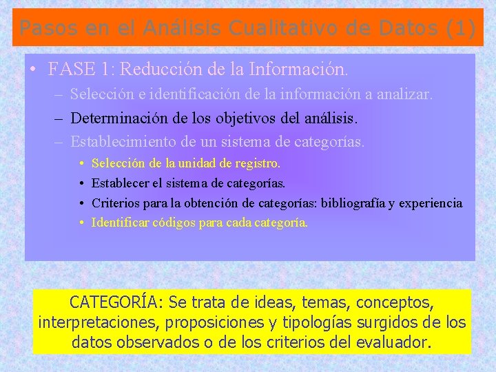 Pasos en el Análisis Cualitativo de Datos (1) • FASE 1: Reducción de la Pasos en el Análisis Cualitativo de Datos (1) • FASE 1: Reducción de la