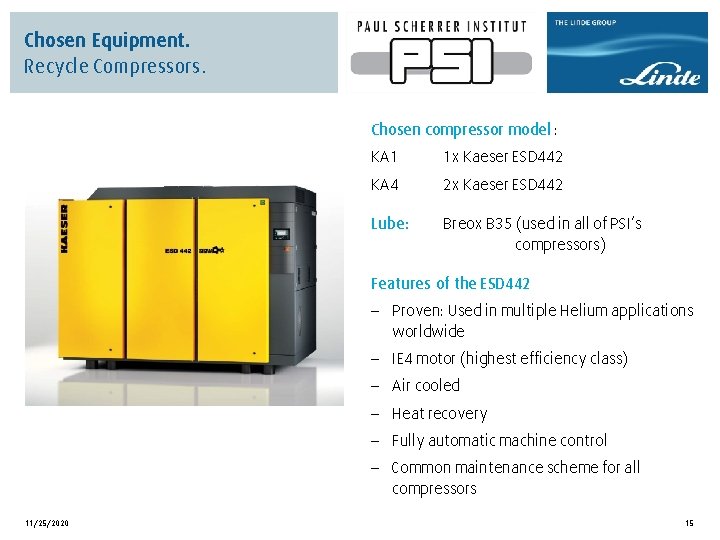 Chosen Equipment. Recycle Compressors. Chosen compressor model : KA 1 1 x Kaeser ESD