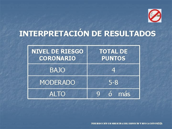 INTERPRETACIÓN DE RESULTADOS NIVEL DE RIESGO CORONARIO TOTAL DE PUNTOS BAJO 4 MODERADO 5