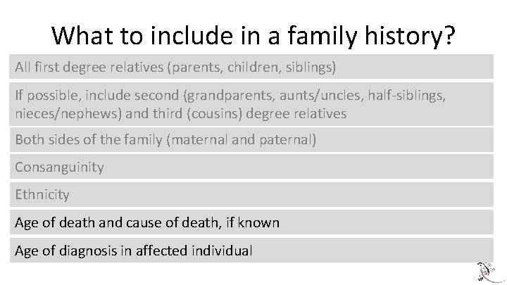 What to include in a family history? All first degree relatives (parents, children, siblings)