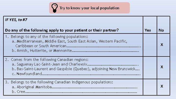 Try to know your local population IF YES, to #7 Do any of the