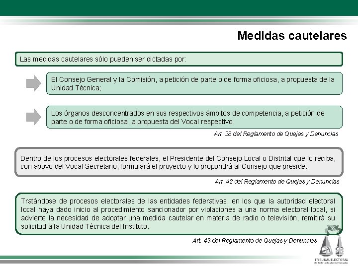 Medidas cautelares Las medidas cautelares sólo pueden ser dictadas por: El Consejo General y