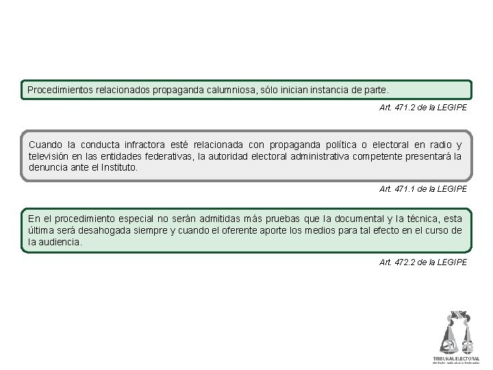 Procedimientos relacionados propaganda calumniosa, sólo inician instancia de parte. Art. 471. 2 de la