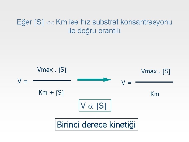 Eğer S Km ise hız substrat konsantrasyonu ile doğru orantılı Vmax. S V= V=
