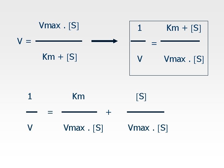 Vmax. S V= = Km + S 1 V Vmax. S S Km =