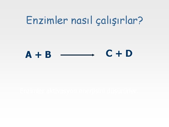 Enzimler nasıl çalışırlar? A+B C+D Enzimler aktivasyon enerjisini düşürürler. 
