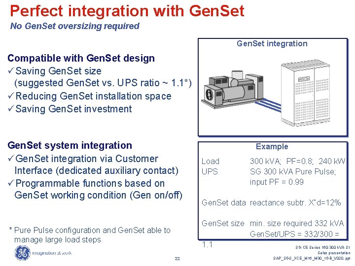 Perfect integration with Gen. Set No Gen. Set oversizing required Gen. Set integration Compatible Perfect integration with Gen. Set No Gen. Set oversizing required Gen. Set integration Compatible