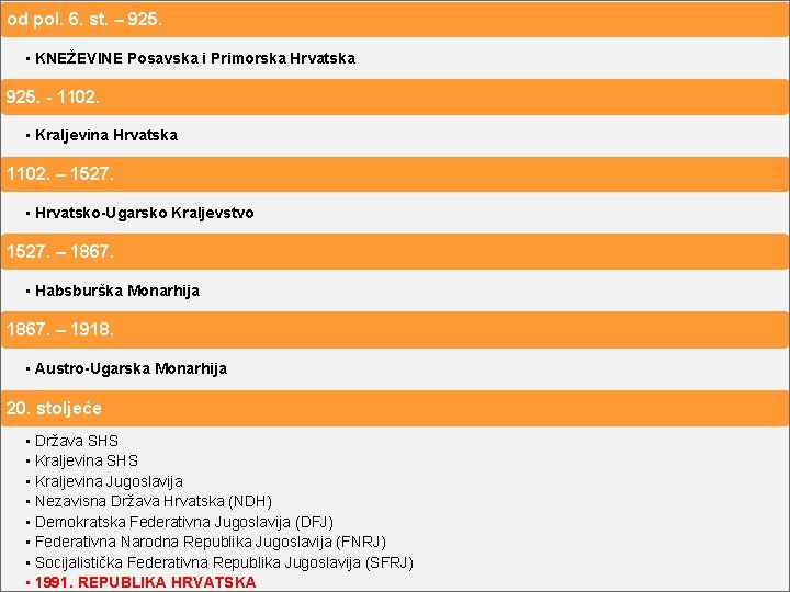 od pol. 6. st. – 925. • KNEŽEVINE Posavska i Primorska Hrvatska 925. -