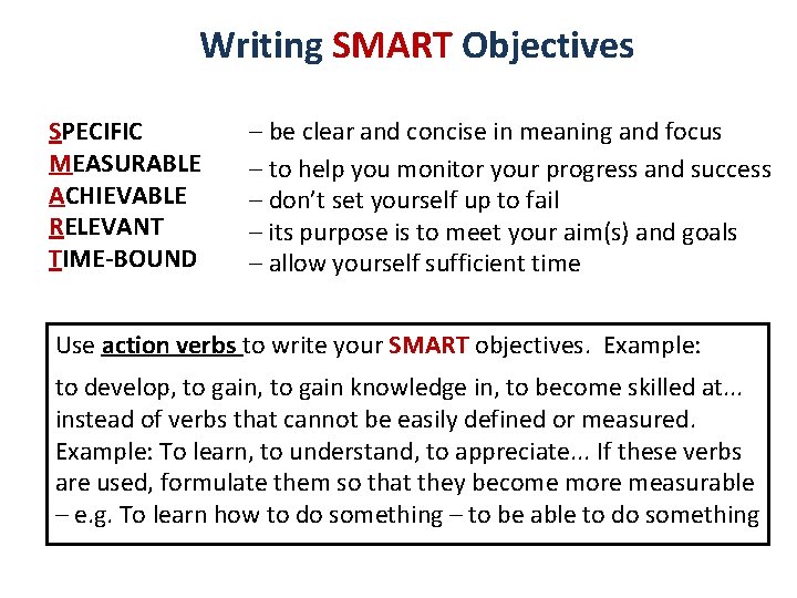 Writing SMART Objectives SPECIFIC MEASURABLE ACHIEVABLE RELEVANT TIME-BOUND – be clear and concise in