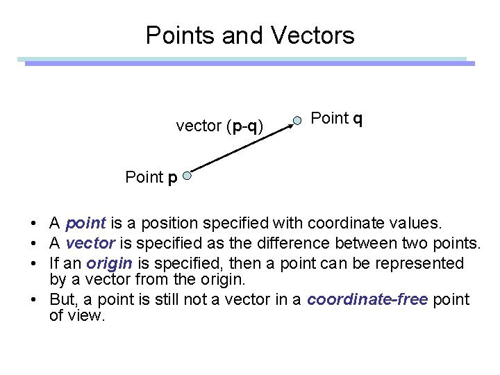 Points and Vectors vector (p-q) Point q Point p • A point is a