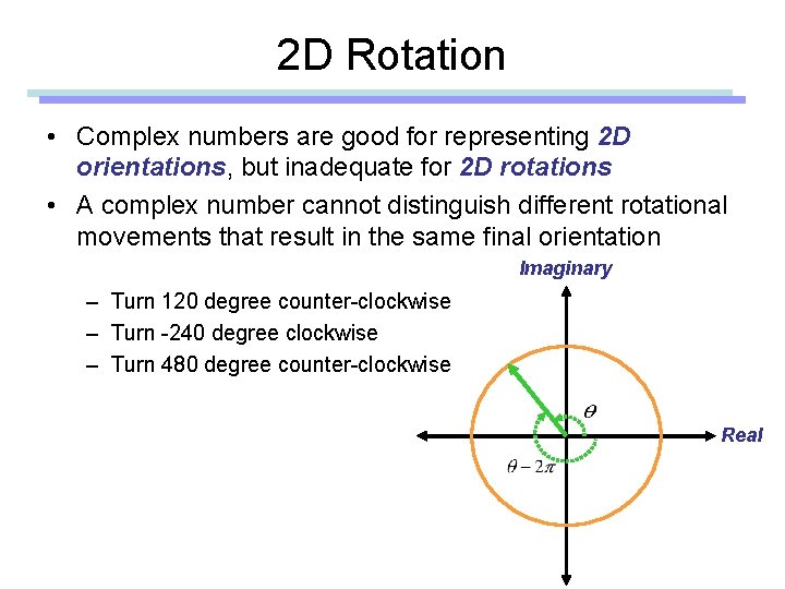 2 D Rotation • Complex numbers are good for representing 2 D orientations, but