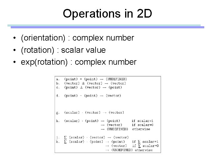 Operations in 2 D • (orientation) : complex number • (rotation) : scalar value