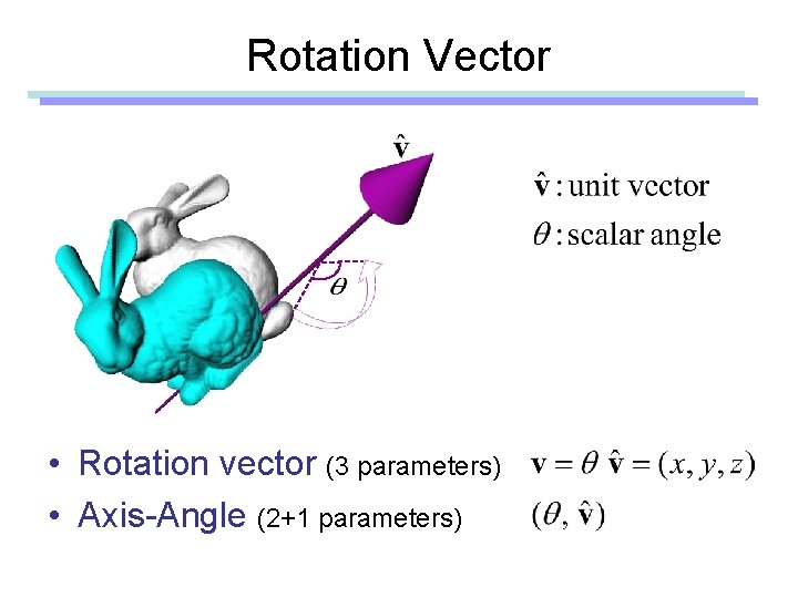 Rotation Vector • Rotation vector (3 parameters) • Axis-Angle (2+1 parameters) 