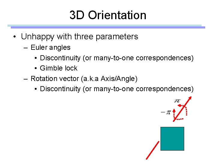 3 D Orientation • Unhappy with three parameters – Euler angles • Discontinuity (or