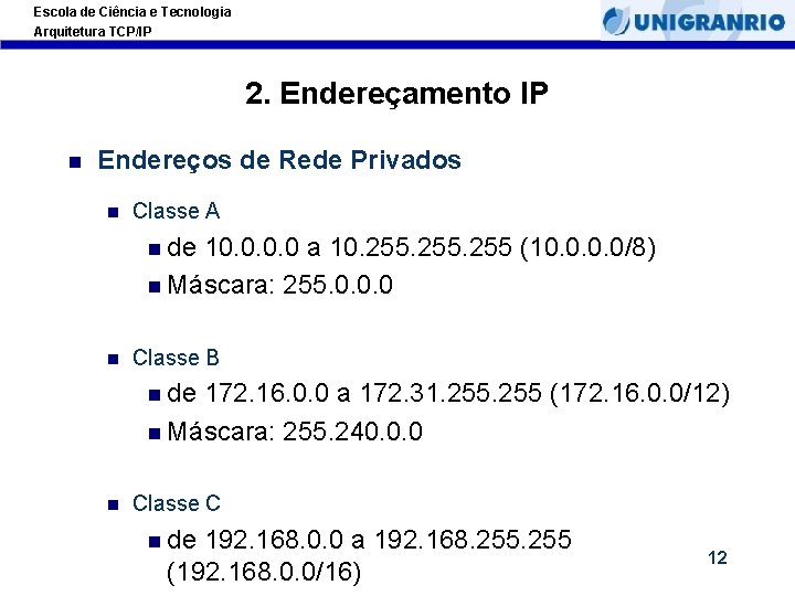 Escola de Ciência e Tecnologia Arquitetura TCP/IP 2. Endereçamento IP Endereços de Rede Privados