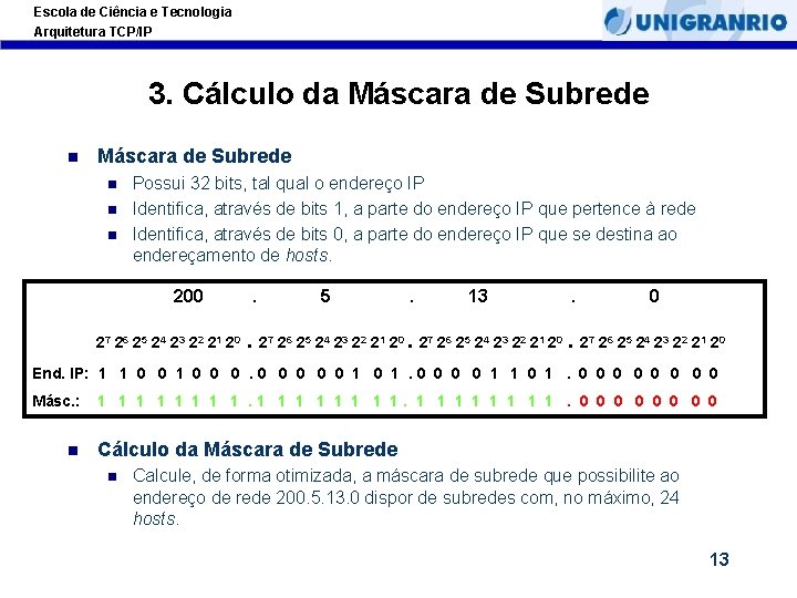 Escola de Ciência e Tecnologia Arquitetura TCP/IP 3. Cálculo da Máscara de Subrede Possui