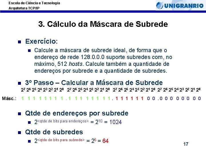 Escola de Ciência e Tecnologia Arquitetura TCP/IP 3. Cálculo da Máscara de Subrede Exercício: