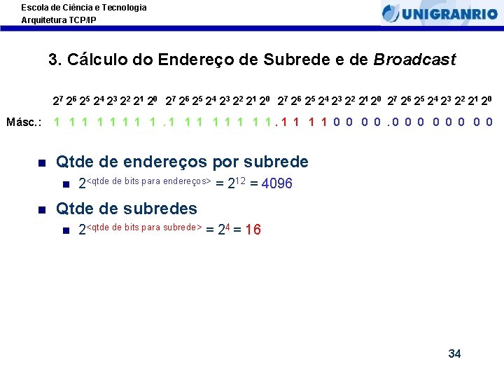 Escola de Ciência e Tecnologia Arquitetura TCP/IP 3. Cálculo do Endereço de Subrede e