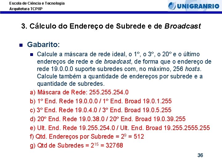 Escola de Ciência e Tecnologia Arquitetura TCP/IP 3. Cálculo do Endereço de Subrede e