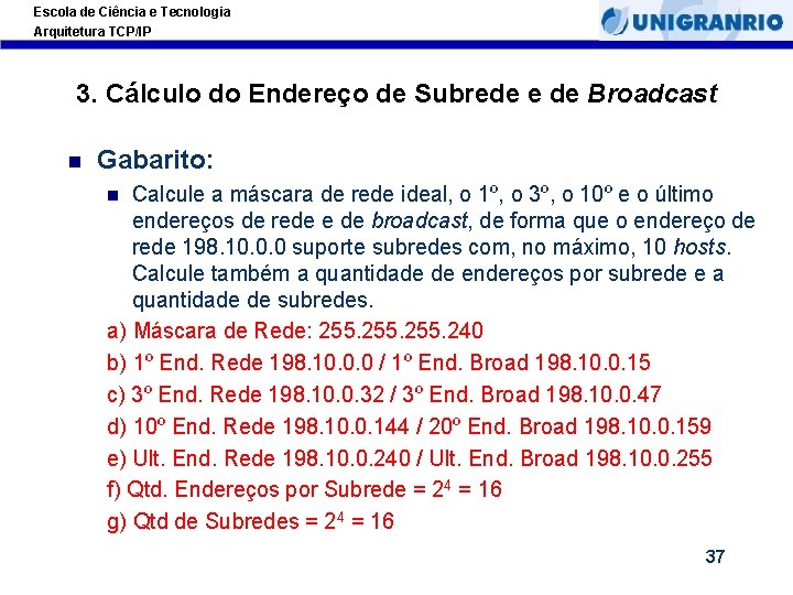 Escola de Ciência e Tecnologia Arquitetura TCP/IP 3. Cálculo do Endereço de Subrede e