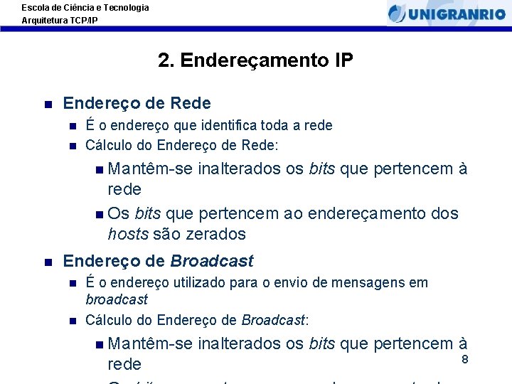 Escola de Ciência e Tecnologia Arquitetura TCP/IP 2. Endereçamento IP Endereço de Rede É