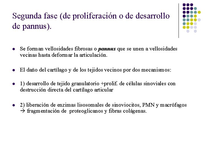 Segunda fase (de proliferación o de desarrollo de pannus). l Se forman vellosidades fibrosas Segunda fase (de proliferación o de desarrollo de pannus). l Se forman vellosidades fibrosas