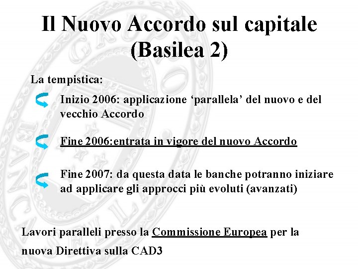 Il Nuovo Accordo sul capitale (Basilea 2) La tempistica: Inizio 2006: applicazione ‘parallela’ del