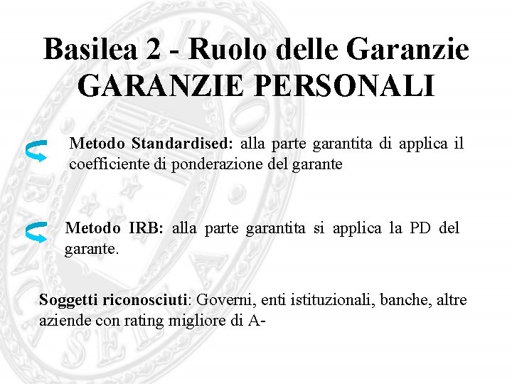 Basilea 2 - Ruolo delle Garanzie GARANZIE PERSONALI Metodo Standardised: alla parte garantita di