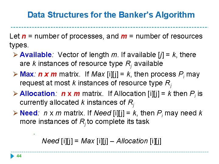 Data Structures for the Banker’s Algorithm Let n = number of processes, and m