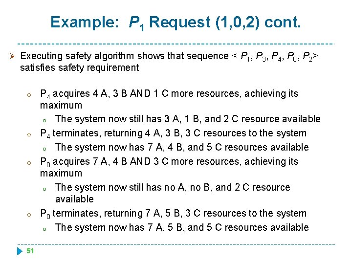 Example: P 1 Request (1, 0, 2) cont. Ø Executing safety algorithm shows that