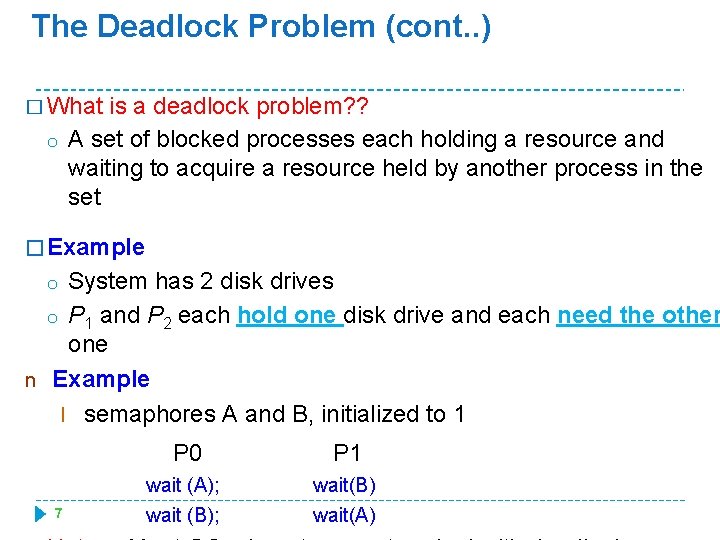 The Deadlock Problem (cont. . ) � What o is a deadlock problem? ?