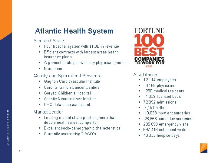 Atlantic Health System Size and Scale § Four hospital system with $1. 8 B