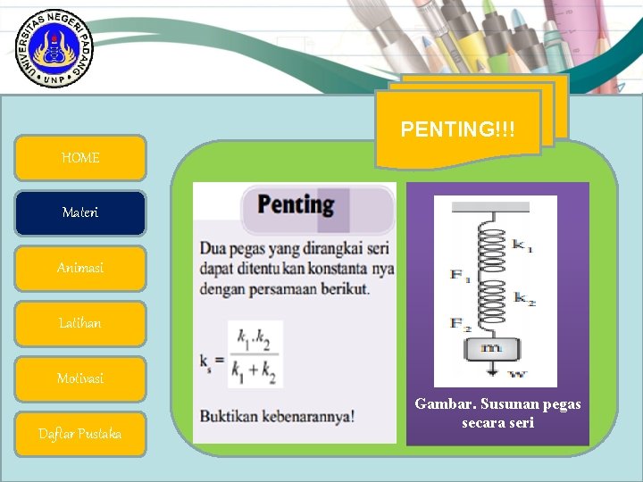 PENTING!!! HOME Materi Animasi Latihan Motivasi Daftar Pustaka Gambar. Susunan pegas secara seri 