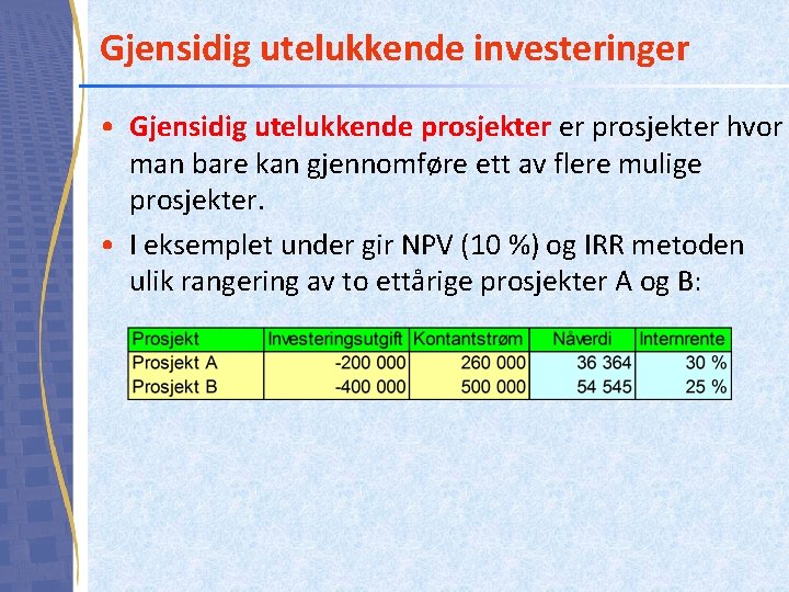 Gjensidig utelukkende investeringer • Gjensidig utelukkende prosjekter er prosjekter hvor man bare kan gjennomføre