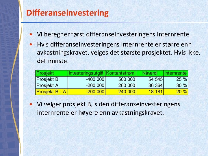 Differanseinvestering • Vi beregner først differanseinvesteringens internrente • Hvis differanseinvesteringens internrente er større enn