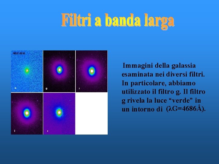 Immagini della galassia esaminata nei diversi filtri. In particolare, abbiamo utilizzato il filtro g.