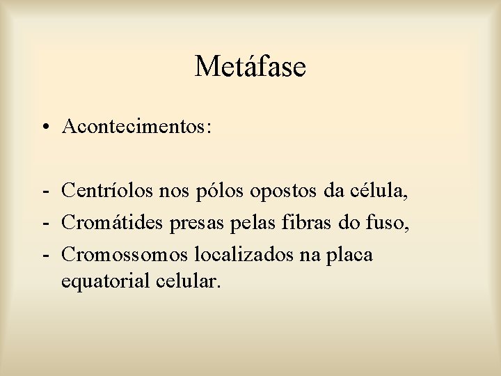 Metáfase • Acontecimentos: - Centríolos nos pólos opostos da célula, - Cromátides presas pelas