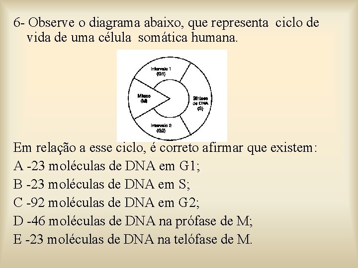 6 - Observe o diagrama abaixo, que representa ciclo de vida de uma célula