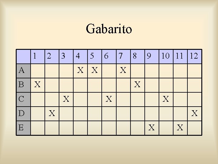Gabarito 1 2 3 A B E 5 6 X X 7 8 9