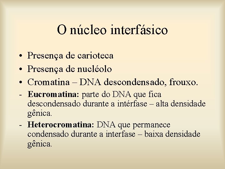 O núcleo interfásico • Presença de carioteca • Presença de nucléolo • Cromatina –