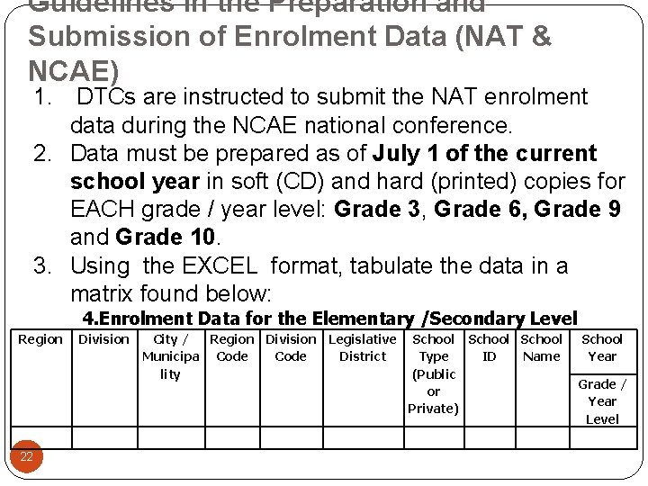 Guidelines in the Preparation and Submission of Enrolment Data (NAT & NCAE) 1. DTCs