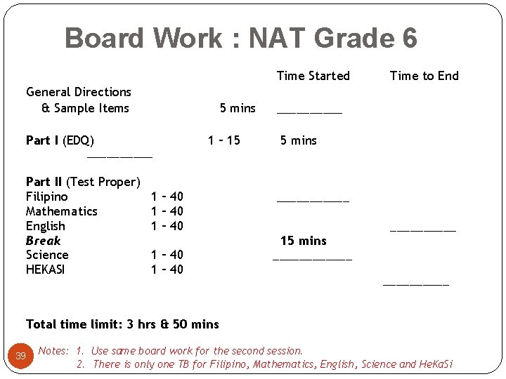 Board Work : NAT Grade 6 Time Started General Directions & Sample Items 5