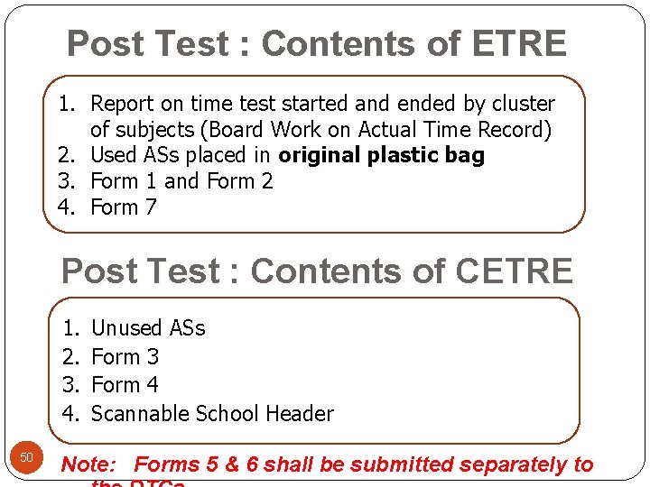 Post Test : Contents of ETRE 1. Report on time test started and ended