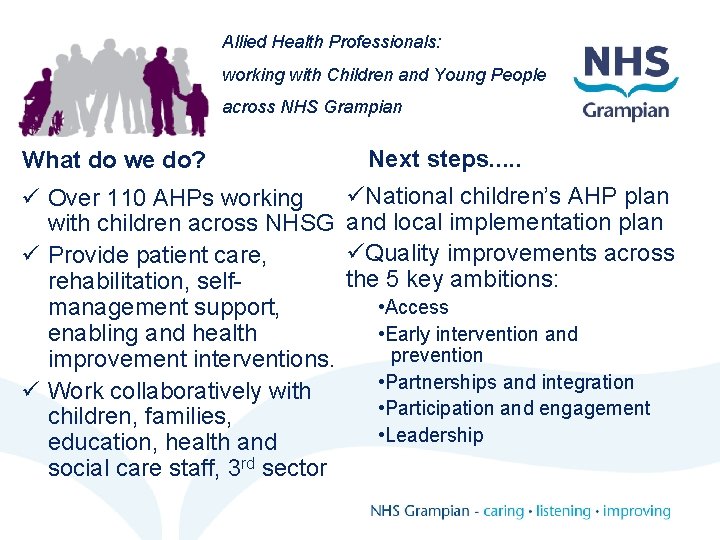 Allied Health Professionals: working with Children and Young People across NHS Grampian What do