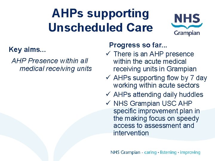 AHPs supporting Unscheduled Care Key aims. . . AHP Presence within all medical receiving