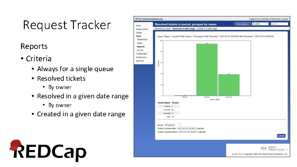 Request Tracker Reports • Criteria • Always for a single queue • Resolved tickets