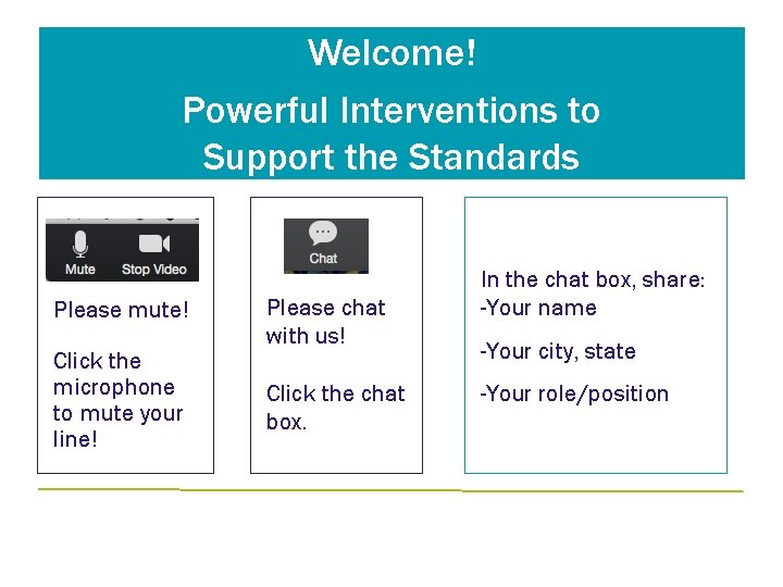 Welcome! Powerful Interventions to Support the Standards Please mute! Click the microphone to mute