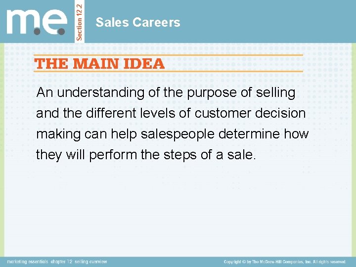 Section 12. 2 Sales Careers An understanding of the purpose of selling and the